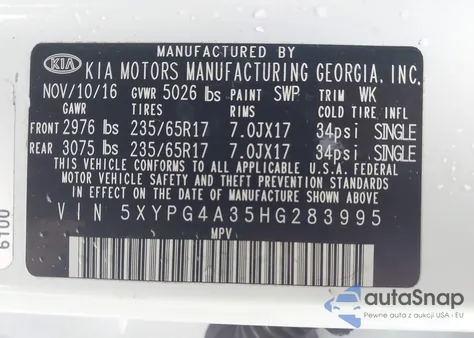 2017 Kia Sorento 2.4L Lx from USA, damaged, VIN 5XYPG4A35HG283995
